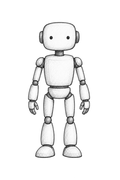 Pencil illustration of a friendly humanoid robot standing upright